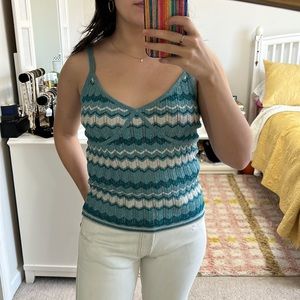 Vintage Y2K Top S Metallic Sleeveless Tank Knit Sparkly Blue Silver Bustier